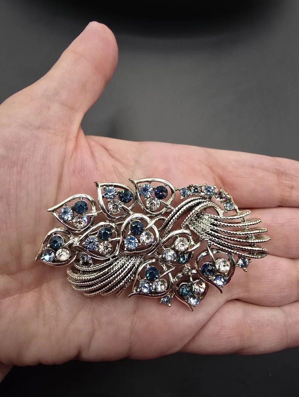 Vintage Silver-Tone Blue Hues & Clear Crystal Floral Brooch - Picture 6 of 7